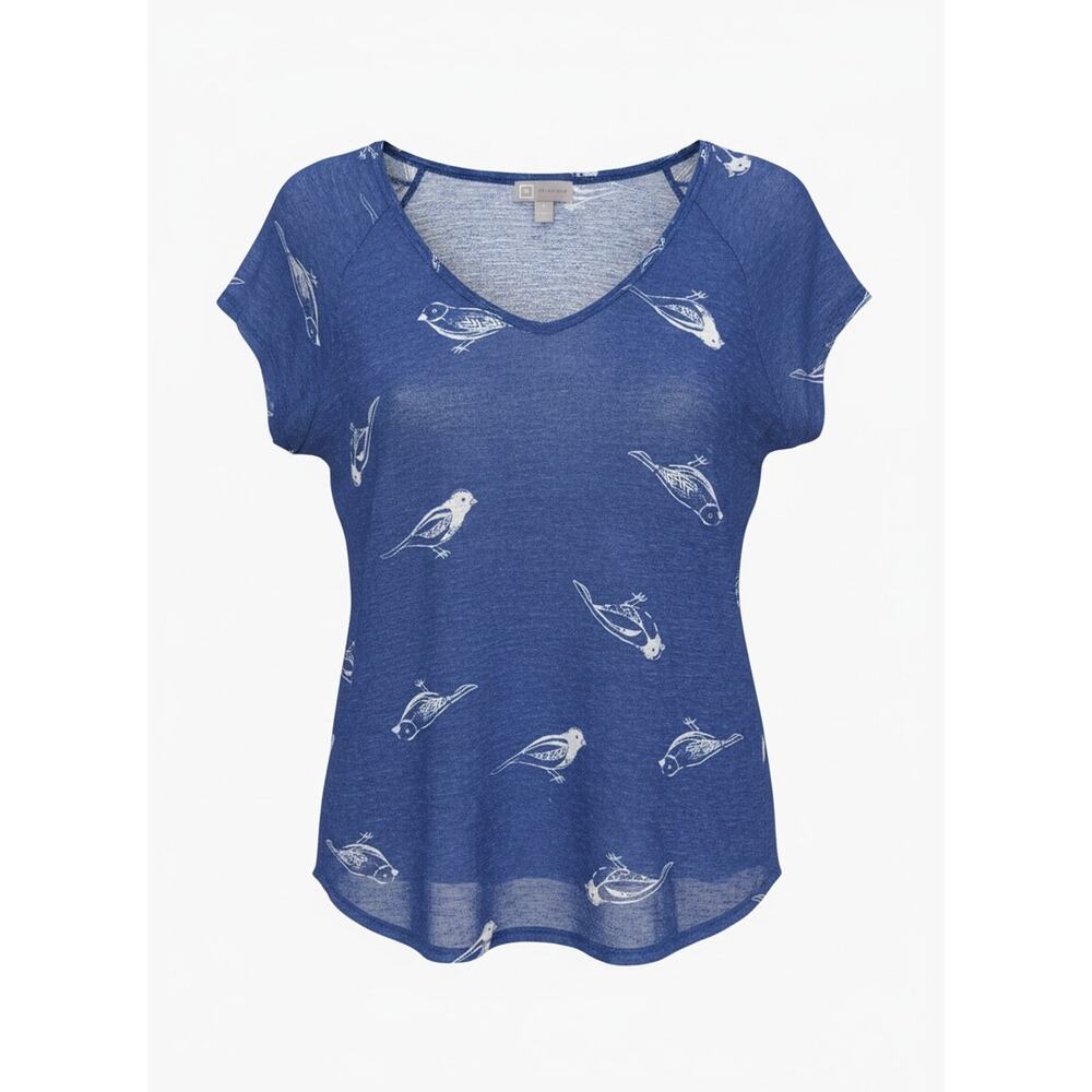 JCP Blue & White 100% Linen Bird Print ScoopNeck Short Sleeve Blouse Women's L